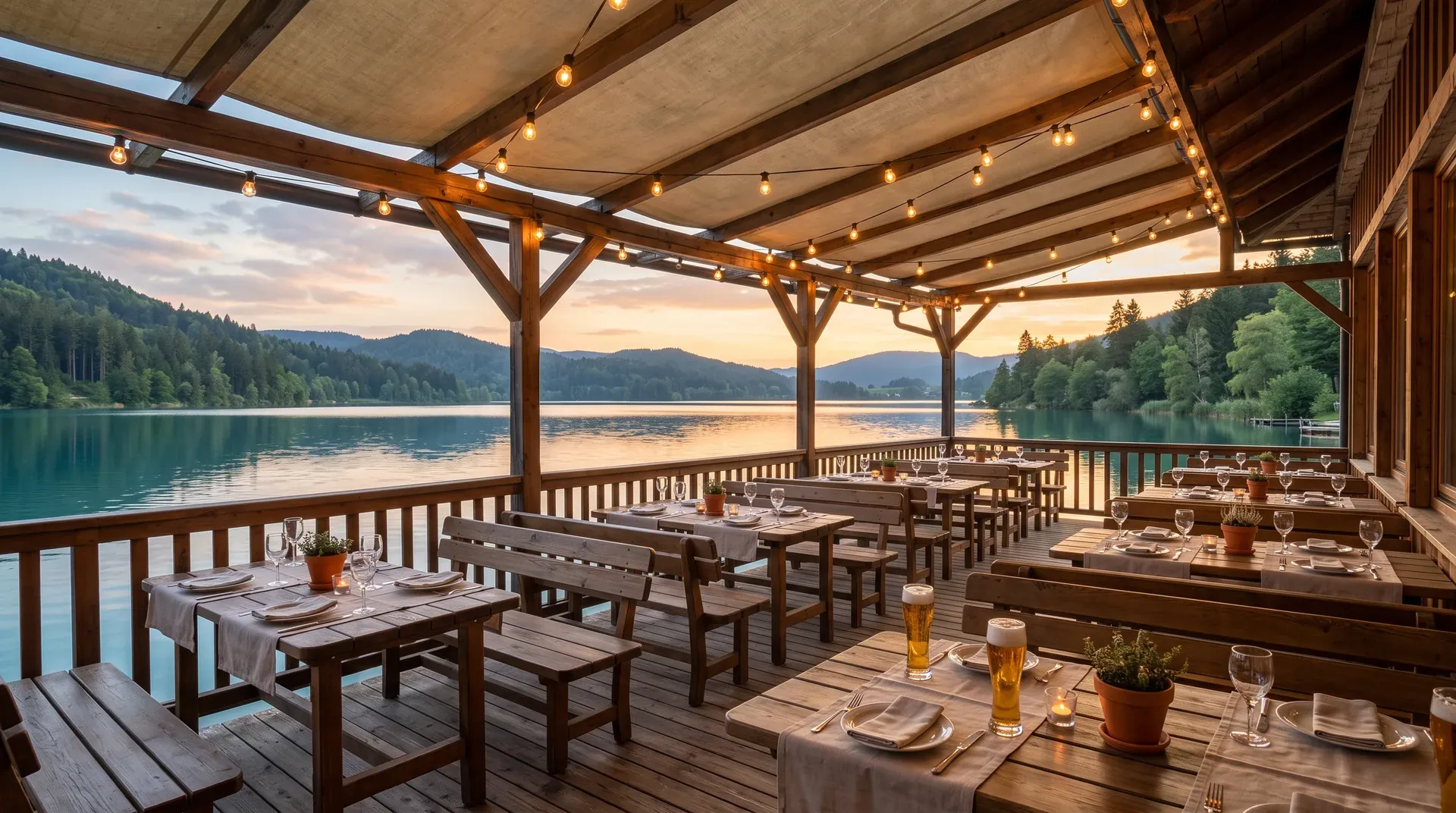 Krytá terasa restaurace s výhledem na hladinu Lipna